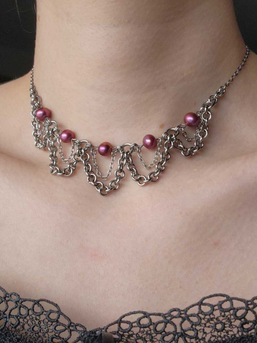 Medieval princess gothic silver chainmail necklace with a small silver chain